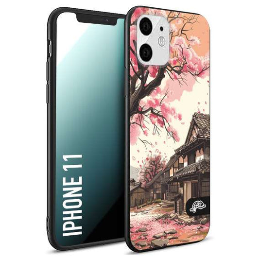 CUSTOMIZZA - Custodia cover nera morbida in tpu compatibile per iPhone 11 casa giapponese rosa ciliegio in fiore disegnata tattoo