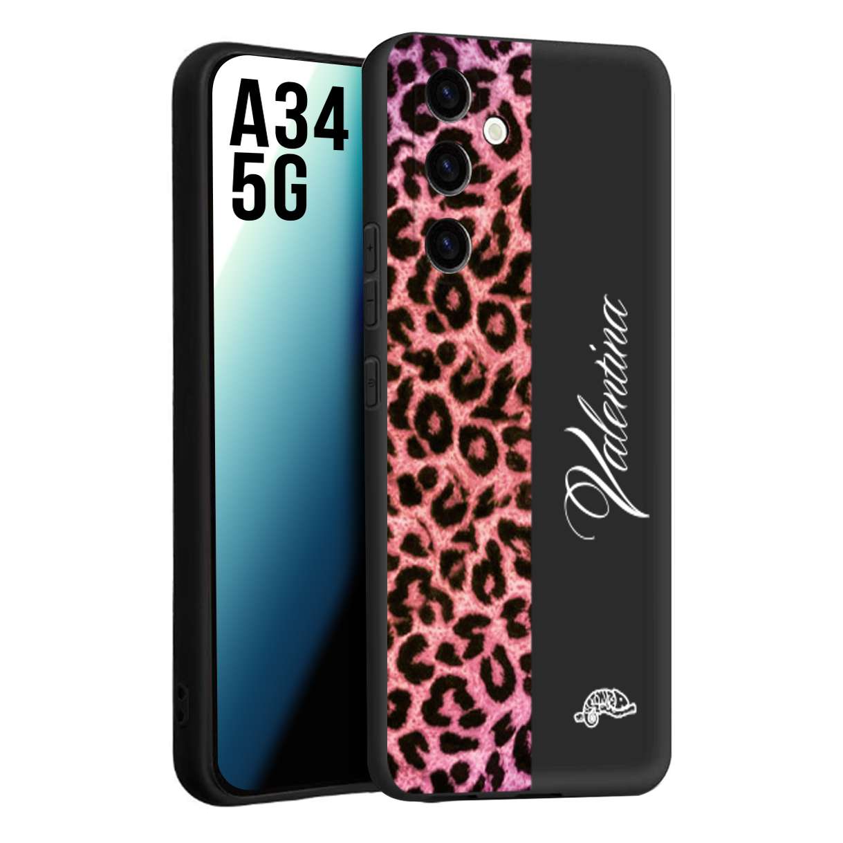 CUSTOMIZZA - Custodia cover nera morbida in tpu compatibile per Samsung A34 5G leopardato rosa fucsia personalizzata nome iniziali