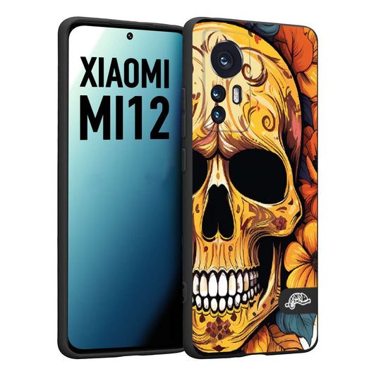 CUSTOMIZZA - Custodia cover nera morbida in tpu compatibile per Xiaomi 12 5G teschio messicano colorato dorato fiori autunnali disegnato