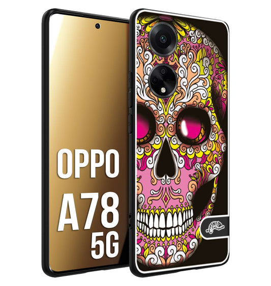 CUSTOMIZZA - Custodia cover nera morbida in tpu compatibile per Oppo A78 5G teschio messicano Mexican skull rosa gialla