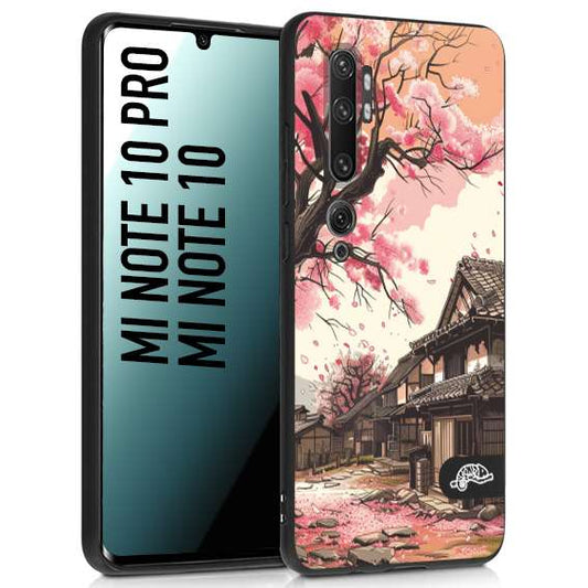 CUSTOMIZZA - Custodia cover nera morbida in tpu compatibile per Xiaomi Mi Note 10 - Mi Note 10 Pro casa giapponese rosa ciliegio in fiore disegnata tattoo