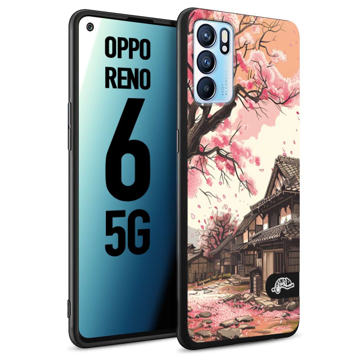 CUSTOMIZZA - Custodia cover nera morbida in tpu compatibile per Oppo Reno 6 5G casa giapponese rosa ciliegio in fiore disegnata tattoo