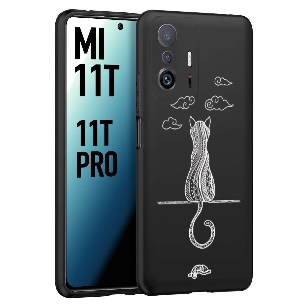 CUSTOMIZZA - Custodia cover nera morbida in tpu compatibile per Xiaomi Mi 11T - Mi 11T PRO gatto mandala stilizzato gattino a rilievo soft touch donna bianca