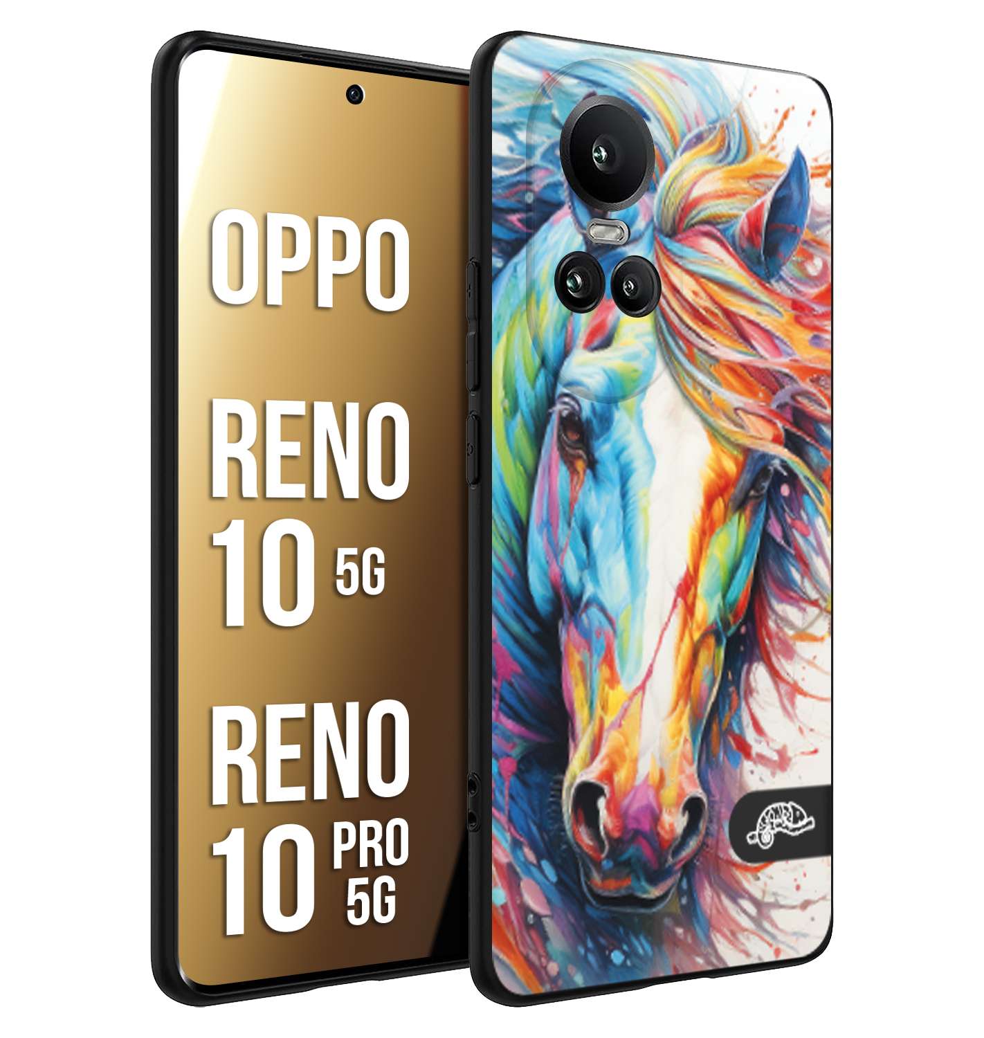 CUSTOMIZZA - Custodia cover nera morbida in tpu compatibile per Oppo Reno 10 5G - 10 PRO 5G animali color cavallo horse viso colori vibranti disegnato schizzo