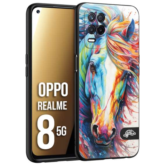 CUSTOMIZZA - Custodia cover nera morbida in tpu compatibile per Oppo Realme 8 5G animali color cavallo horse viso colori vibranti disegnato schizzo