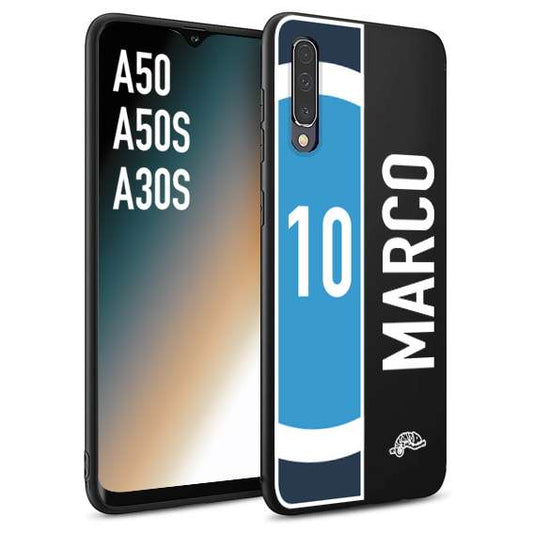 CUSTOMIZZA - Custodia cover nera morbida in tpu compatibile per Samsung A50 - A50S - A30S personalizzata calcio football nome e numero calciatori biancoazzurri bianco celesti