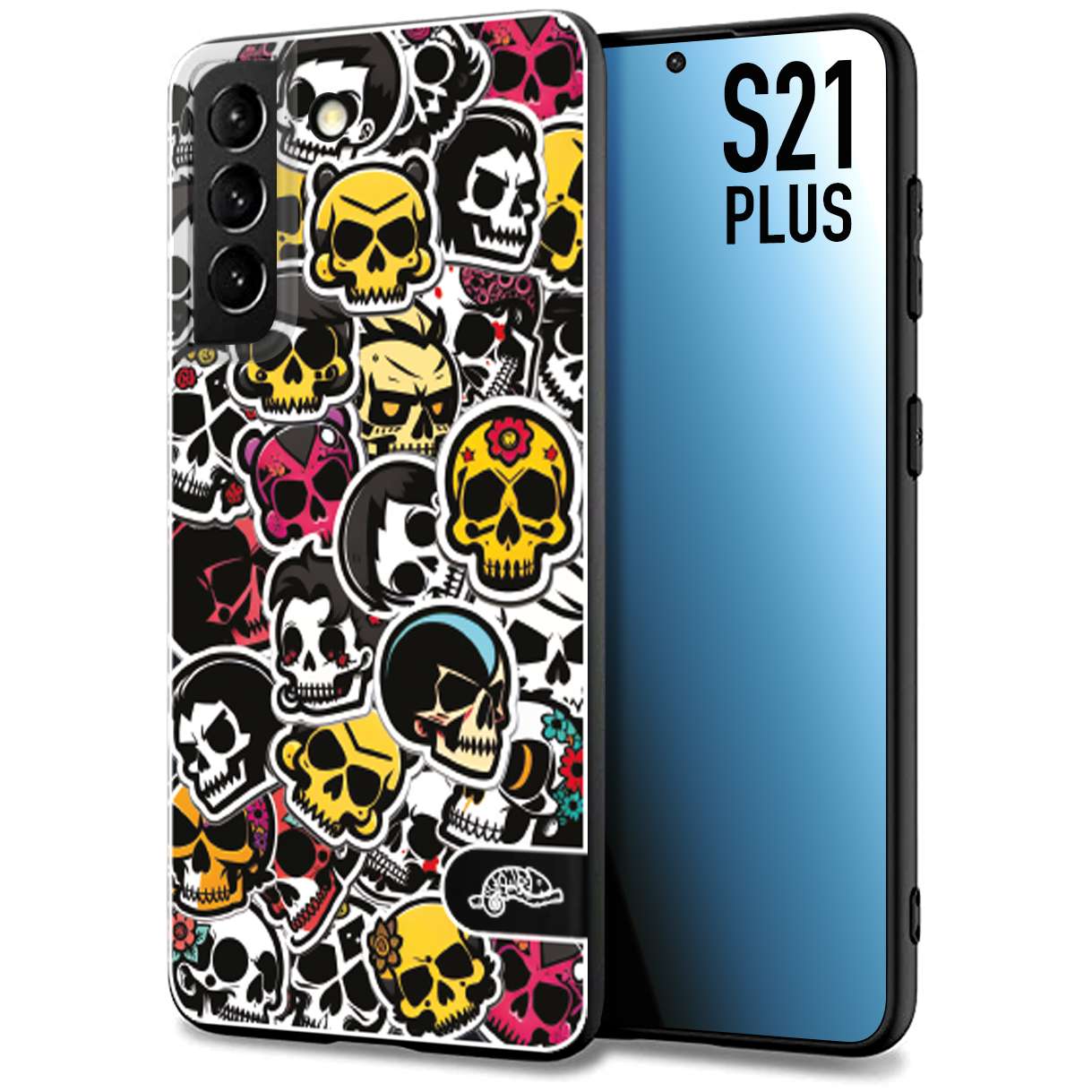 CUSTOMIZZA - Custodia cover nera morbida in tpu compatibile per Samsung S21 PLUS sticker bomb teschi colorati adesivi skulls skater snowboard