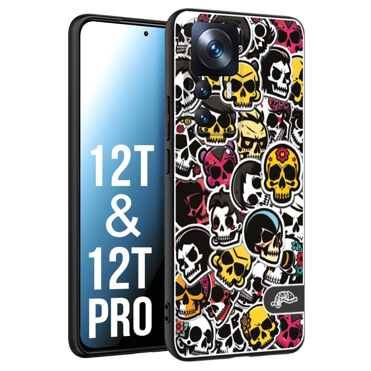 CUSTOMIZZA - Custodia cover nera morbida in tpu compatibile per Xiaomi 12T - 12T PRO sticker bomb teschi colorati adesivi skulls skater snowboard