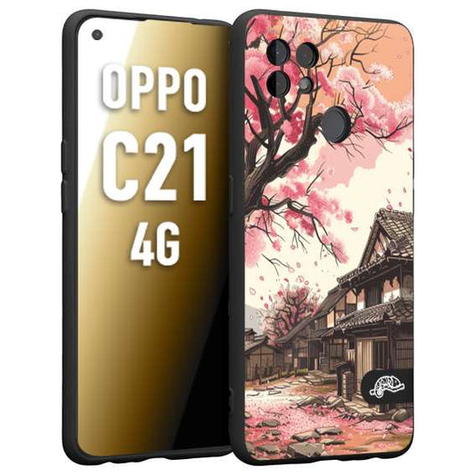 CUSTOMIZZA - Custodia cover nera morbida in tpu compatibile per Oppo Realme C21 4G casa giapponese rosa ciliegio in fiore disegnata tattoo