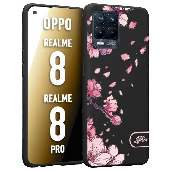 CUSTOMIZZA - Custodia cover nera morbida in tpu compatibile per Oppo Realme 8 - 8 PRO giapponese fiori di ciliegio in fiore a rilievo disegnata tattoo