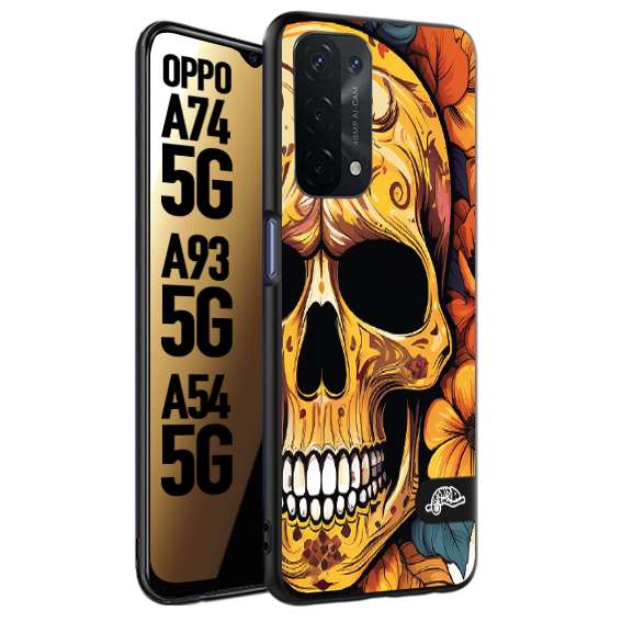 CUSTOMIZZA - Custodia cover nera morbida in tpu compatibile per Oppo A74 5G - A93 5G - A54 5G teschio messicano colorato dorato fiori autunnali disegnato