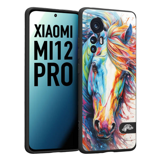 CUSTOMIZZA - Custodia cover nera morbida in tpu compatibile per Xiaomi 12 PRO animali color cavallo horse viso colori vibranti disegnato schizzo