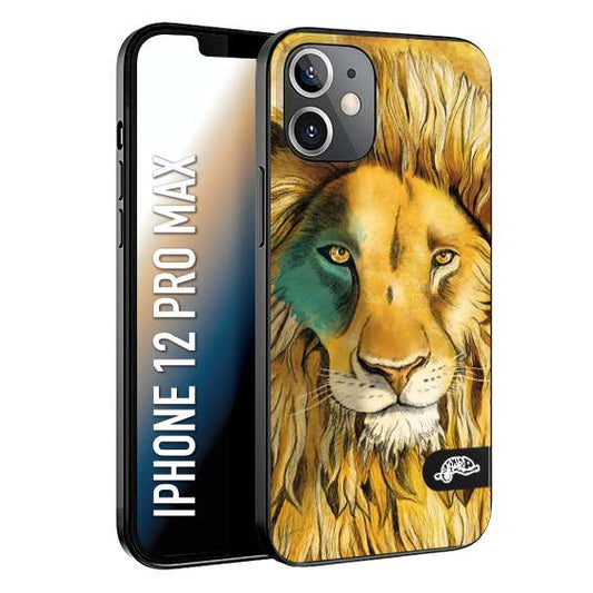 CUSTOMIZZA - Custodia cover nera morbida in tpu compatibile per iPhone 12 PRO MAX leone lion disegnato a mano giallo blu a rilievo artistico brown