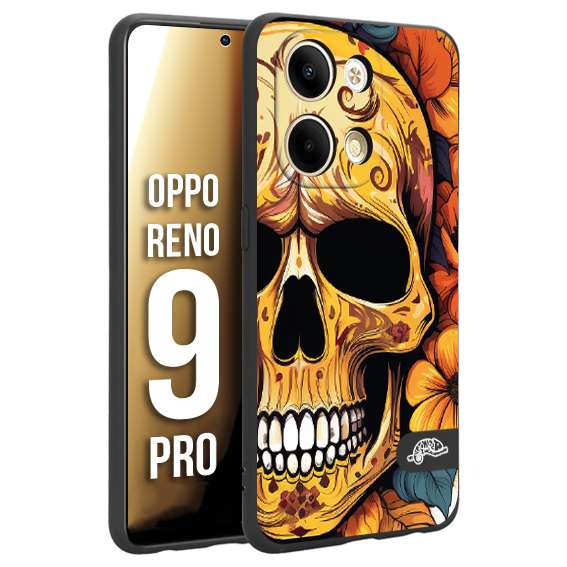 CUSTOMIZZA - Custodia cover nera morbida in tpu compatibile per Oppo Reno 9 PRO teschio messicano colorato dorato fiori autunnali disegnato