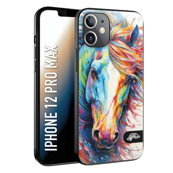 CUSTOMIZZA - Custodia cover nera morbida in tpu compatibile per iPhone 12 PRO MAX animali color cavallo horse viso colori vibranti disegnato schizzo