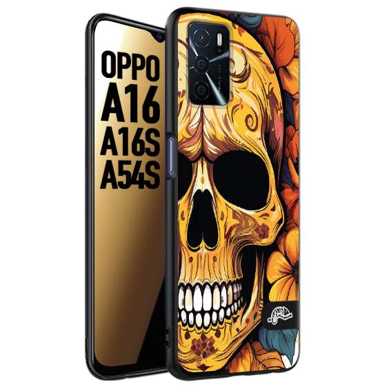 CUSTOMIZZA - Custodia cover nera morbida in tpu compatibile per Oppo A16 - A16S - A54S teschio messicano colorato dorato fiori autunnali disegnato