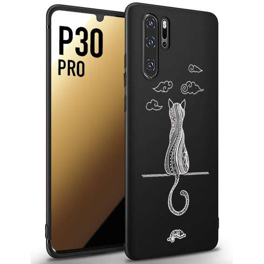 CUSTOMIZZA - Custodia cover nera morbida in tpu compatibile per Huawei P30 PRO gatto mandala stilizzato gattino a rilievo soft touch donna bianca