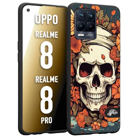 CUSTOMIZZA - Custodia cover nera morbida in tpu compatibile per Oppo Realme 8 - 8 PRO teschio skull flowers fiori tattoo disegnato alta definizione