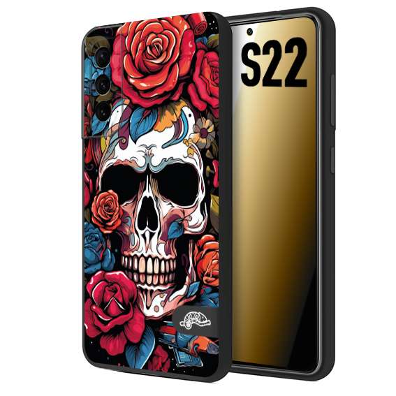 CUSTOMIZZA - Custodia cover nera morbida in tpu compatibile per Samsung S22 teschio skull flowers fiori rose rosse tattoo disegnato