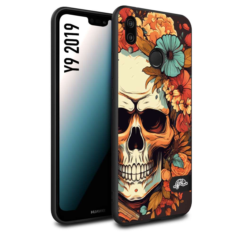 CUSTOMIZZA - Custodia cover nera morbida in tpu compatibile per Huawei Y9 2019 teschio skull flowers fiori autunnali arancio celeste tattoo