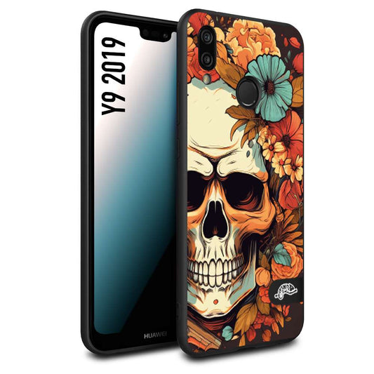 CUSTOMIZZA - Custodia cover nera morbida in tpu compatibile per Huawei Y9 2019 teschio skull flowers fiori autunnali arancio celeste tattoo