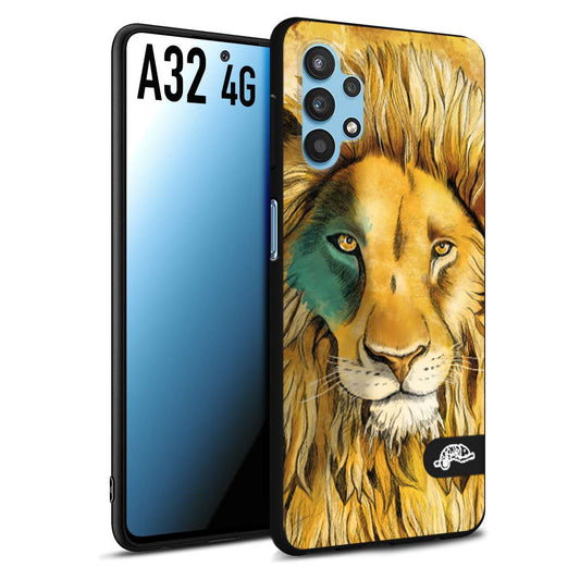 CUSTOMIZZA - Custodia cover nera morbida in tpu compatibile per Samsung A32 4G leone lion disegnato a mano giallo blu a rilievo artistico brown