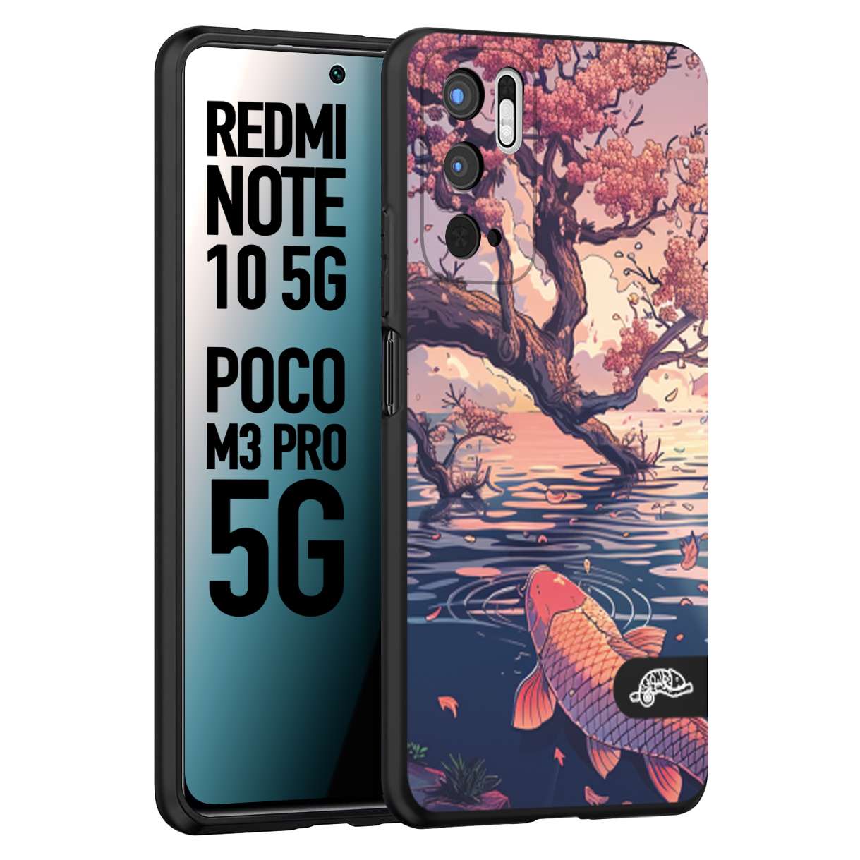 CUSTOMIZZA - Custodia cover nera morbida in tpu compatibile per Xiaomi Redmi Note 10 5G - Poco M3 Pro 5G giapponese lago carpa koi rosa con foglie d'acero disegnata tattoo