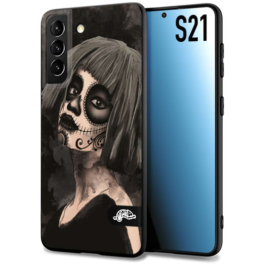 CUSTOMIZZA - Custodia cover nera morbida in tpu compatibile per Samsung S21 chicana messicana dea de la muerte donna santa tattoo disegnata