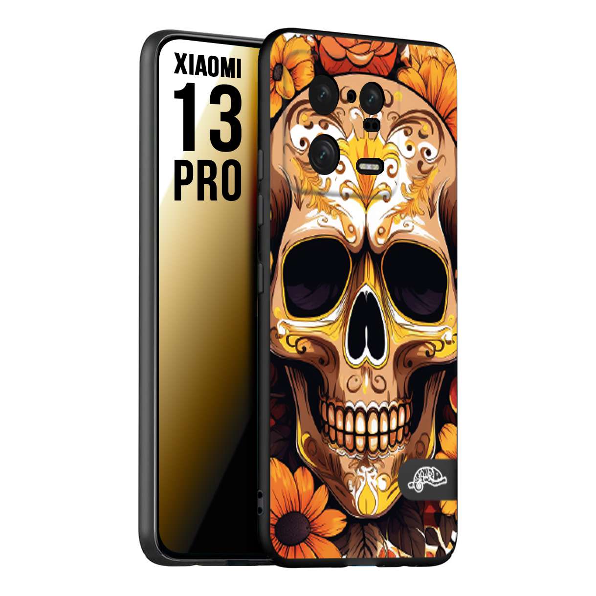 CUSTOMIZZA - Custodia cover nera morbida in tpu compatibile per Xiaomi 13 PRO teschio messicano colorato dorato fiori tattoo disegnato