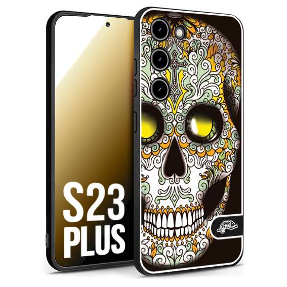 CUSTOMIZZA - Custodia cover nera morbida in tpu compatibile per Samsung S23 PLUS teschio messicano Mexican skull bianco verde giallo