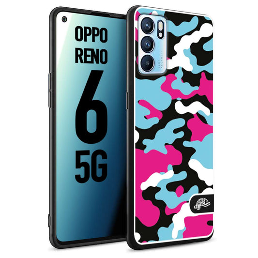 CUSTOMIZZA - Custodia cover nera morbida in tpu compatibile per Oppo Reno 6 5G camouflage mimetico militare fucsia celeste