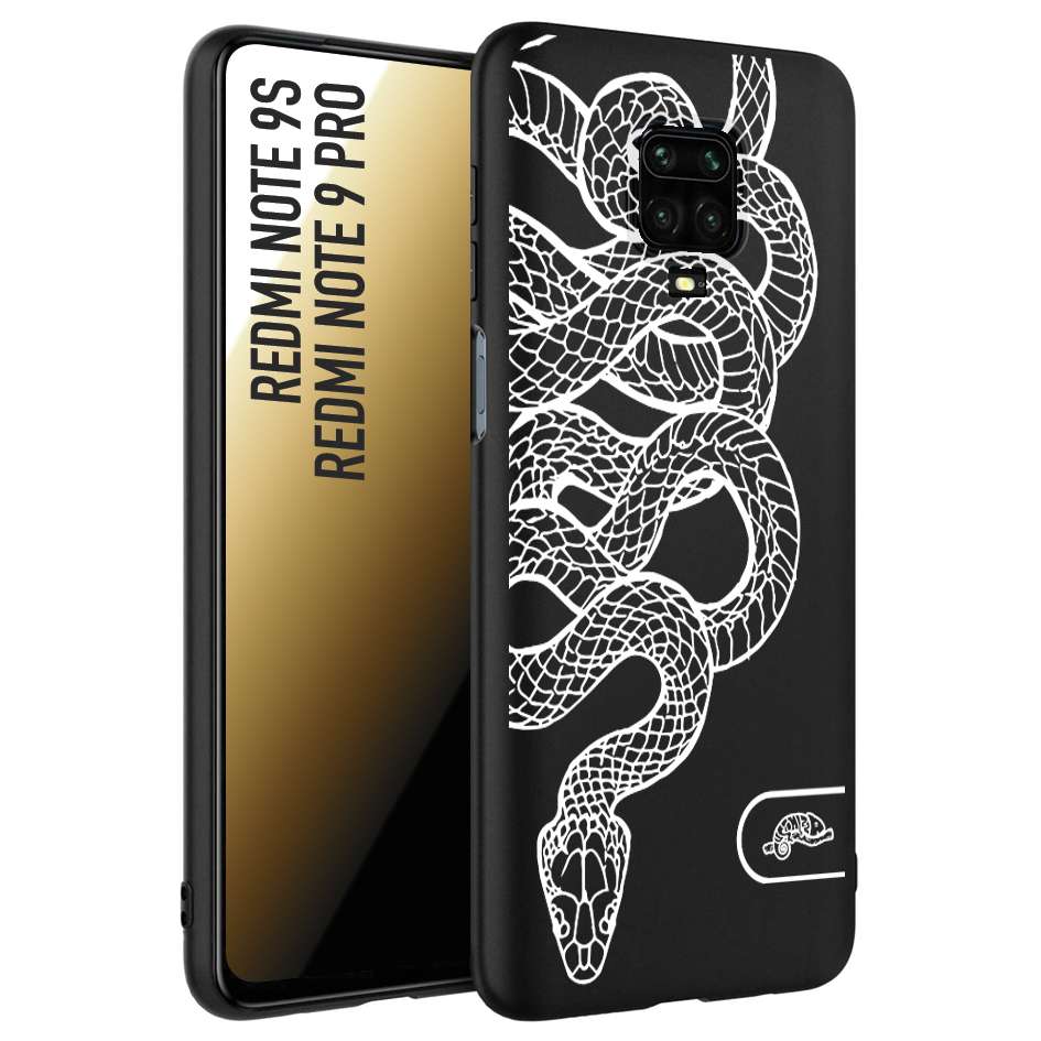 CUSTOMIZZA - Custodia cover nera morbida in tpu compatibile per Xiaomi Redmi Note 9S - Note 9 PRO serpente snake bianco a rilievo disegnato tattoo tatuaggio