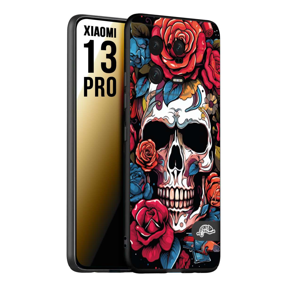 CUSTOMIZZA - Custodia cover nera morbida in tpu compatibile per Xiaomi 13 PRO teschio skull flowers fiori rose rosse tattoo disegnato