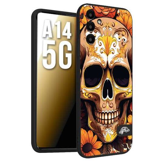 CUSTOMIZZA - Custodia cover nera morbida in tpu compatibile per Samsung A14 5G teschio messicano colorato dorato fiori tattoo disegnato