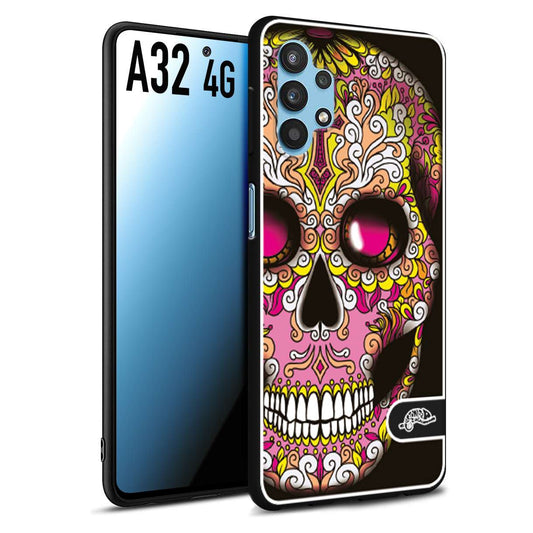 CUSTOMIZZA - Custodia cover nera morbida in tpu compatibile per Samsung A32 4G teschio messicano Mexican skull rosa gialla