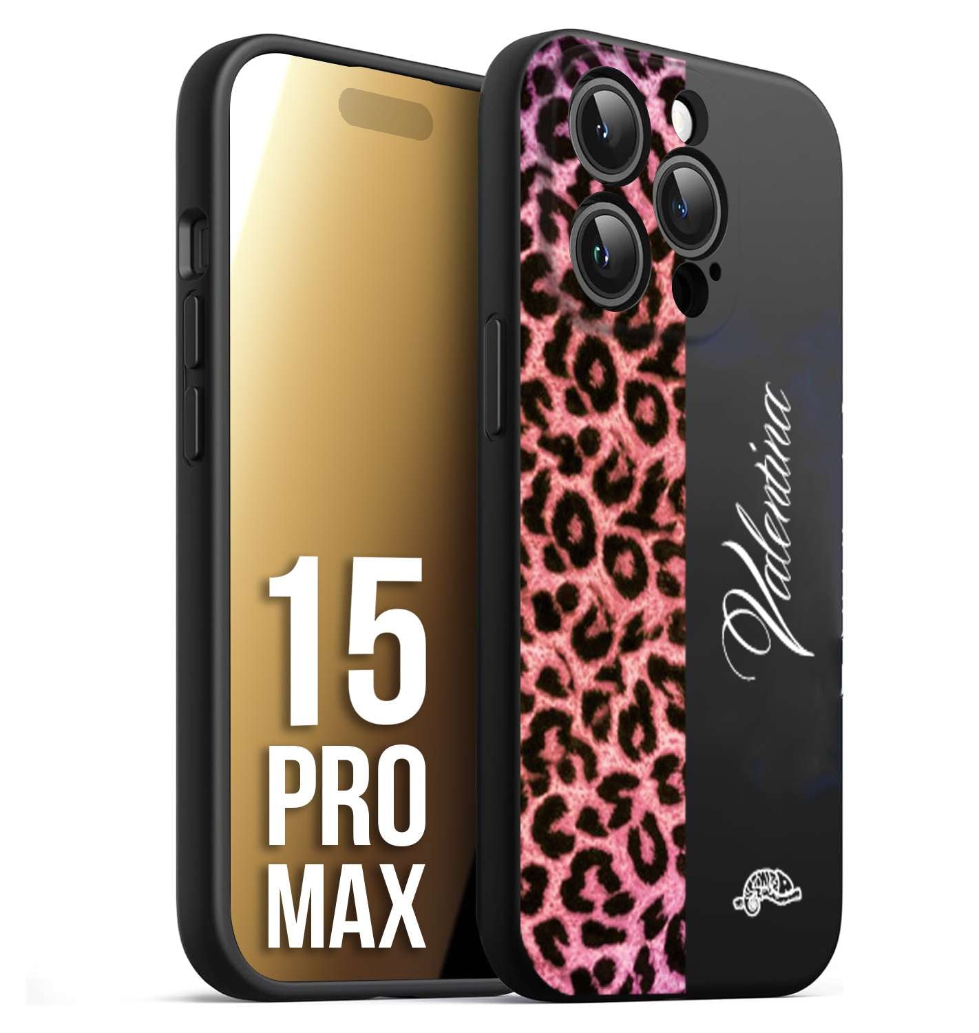 CUSTOMIZZA - Custodia cover nera morbida in tpu compatibile per iPhone 15 PRO MAX leopardato rosa fucsia personalizzata nome iniziali