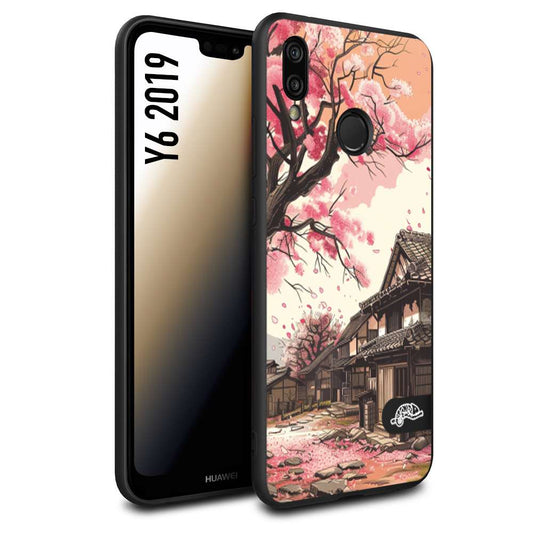 CUSTOMIZZA - Custodia cover nera morbida in tpu compatibile per Huawei Y6 2019 casa giapponese rosa ciliegio in fiore disegnata tattoo