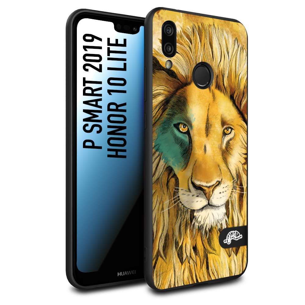 CUSTOMIZZA - Custodia cover nera morbida in tpu compatibile per Huawei P Smart 2019 leone lion disegnato a mano giallo blu a rilievo artistico brown