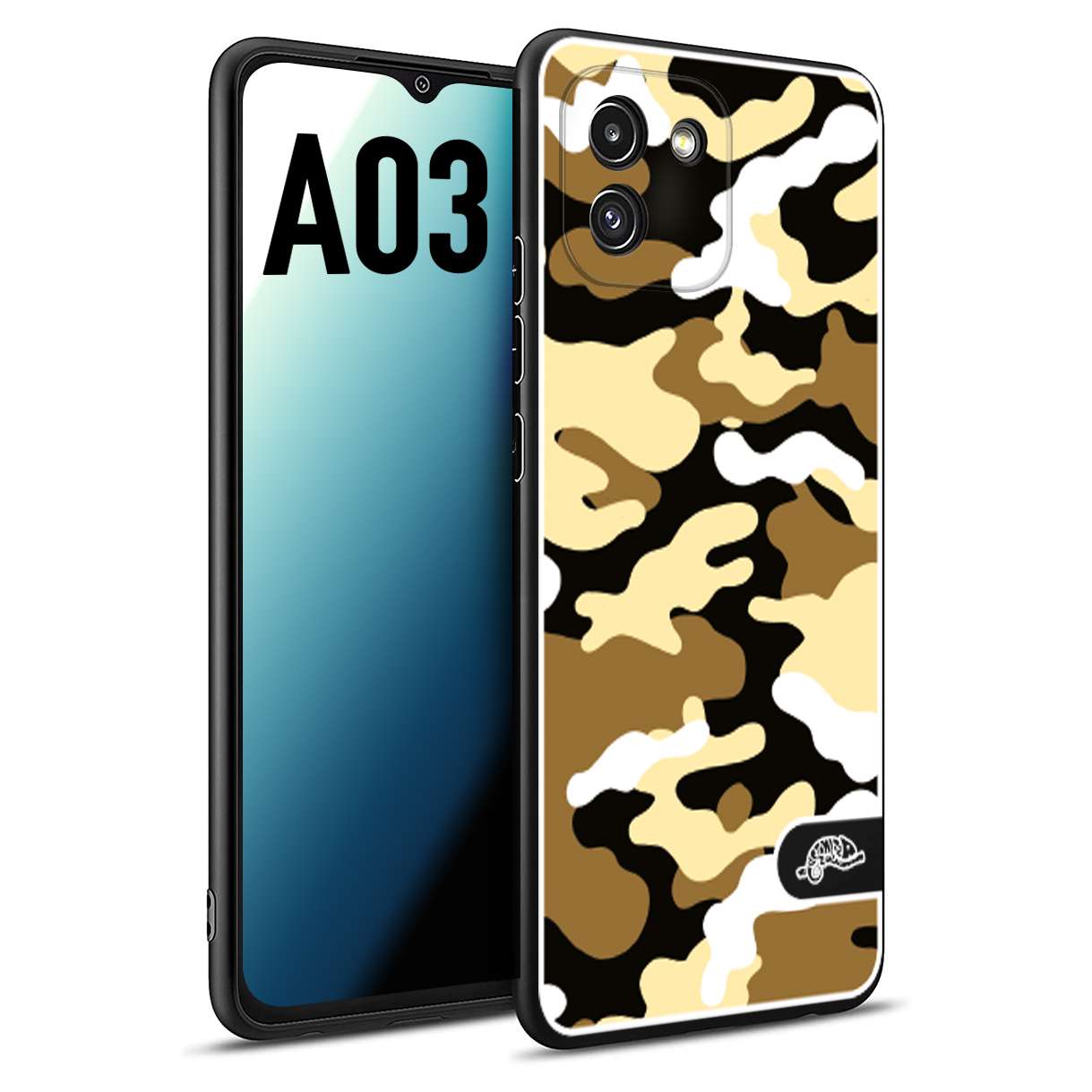 CUSTOMIZZA - Custodia cover nera morbida in tpu compatibile per Samsung A03 camouflage mimetico militare giallo desert brown