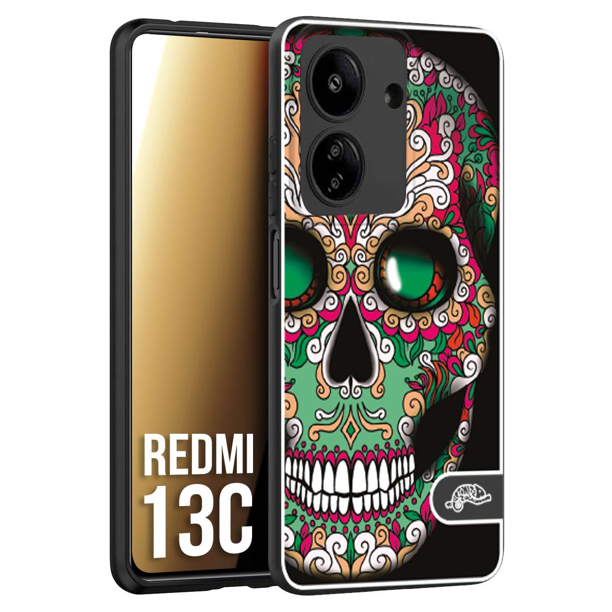 CUSTOMIZZA - Custodia cover nera morbida in tpu compatibile per Xiaomi Redmi 13C teschio messicano Mexican skull verde fucsia