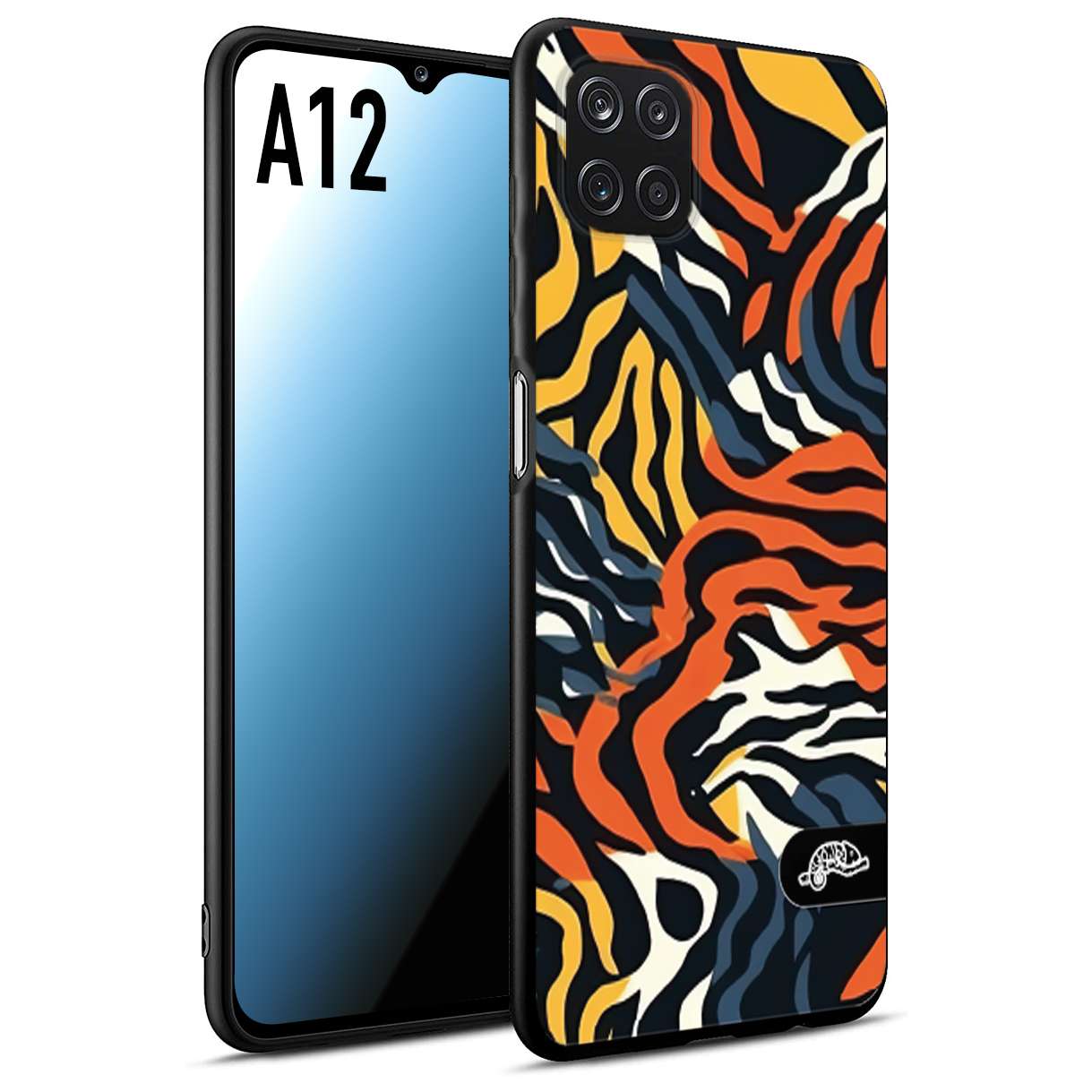 CUSTOMIZZA - Custodia cover nera morbida in tpu compatibile per Samsung A12 leopardato maculato tigrato tiger colorata gialla blu arancio