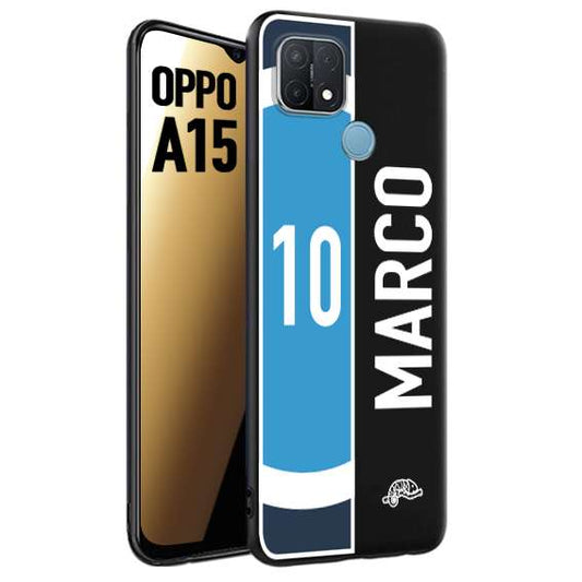 CUSTOMIZZA - Custodia cover nera morbida in tpu compatibile per Oppo A15 personalizzata calcio football nome e numero calciatori biancoazzurri bianco celesti