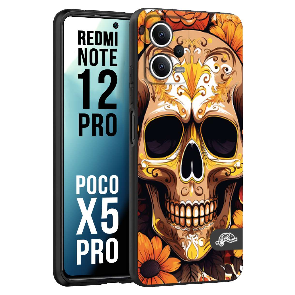 CUSTOMIZZA - Custodia cover nera morbida in tpu compatibile per Xiaomi Redmi Note 12 PRO - POCO X5 PRO teschio messicano colorato dorato fiori tattoo disegnato