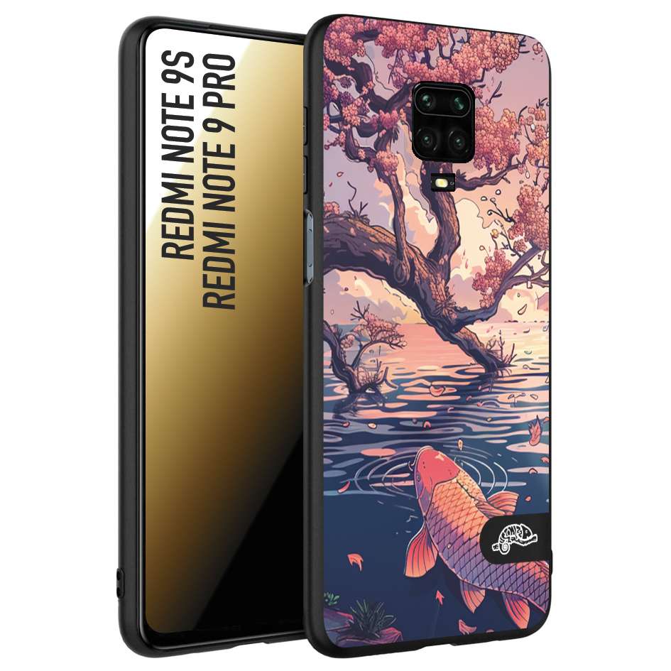 CUSTOMIZZA - Custodia cover nera morbida in tpu compatibile per Xiaomi Redmi Note 9S - Note 9 PRO giapponese lago carpa koi rosa con foglie d'acero disegnata tattoo