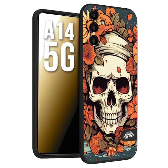 CUSTOMIZZA - Custodia cover nera morbida in tpu compatibile per Samsung A14 5G teschio skull flowers fiori tattoo disegnato alta definizione