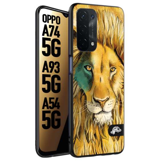 CUSTOMIZZA - Custodia cover nera morbida in tpu compatibile per Oppo A74 5G - A93 5G - A54 5G leone lion disegnato a mano giallo blu a rilievo artistico brown