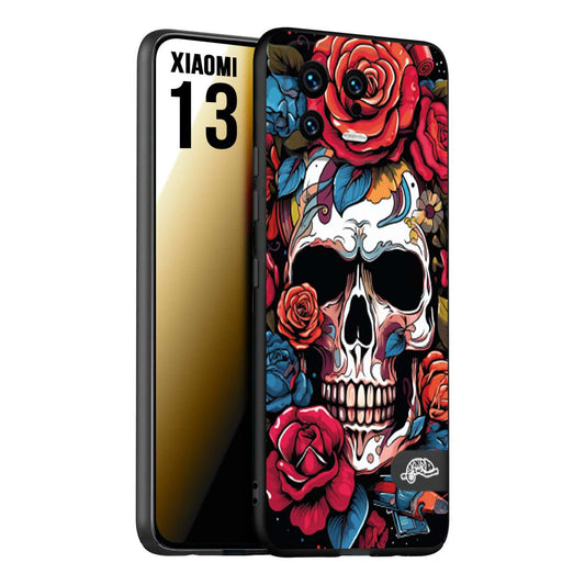 CUSTOMIZZA - Custodia cover nera morbida in tpu compatibile per Xiaomi 13 teschio skull flowers fiori rose rosse tattoo disegnato