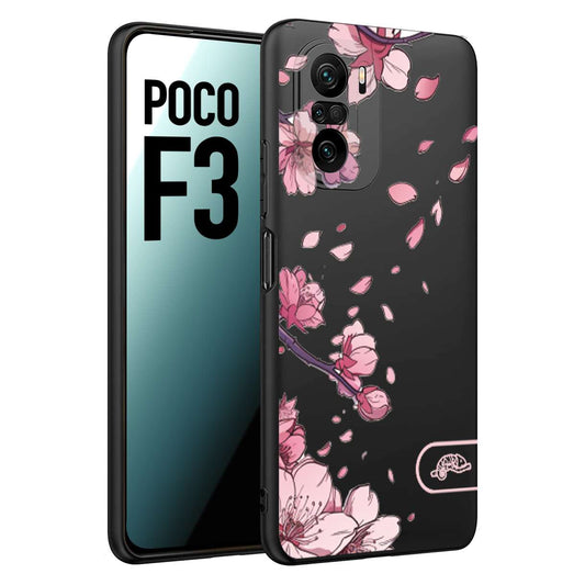 CUSTOMIZZA - Custodia cover nera morbida in tpu compatibile per Xiaomi Poco F3 giapponese fiori di ciliegio in fiore a rilievo disegnata tattoo