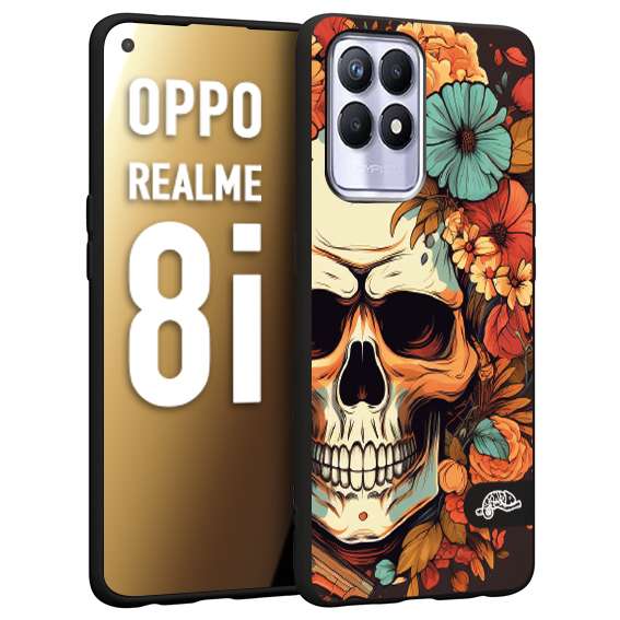 CUSTOMIZZA - Custodia cover nera morbida in tpu compatibile per Oppo Realme 8i teschio skull flowers fiori autunnali arancio celeste tattoo