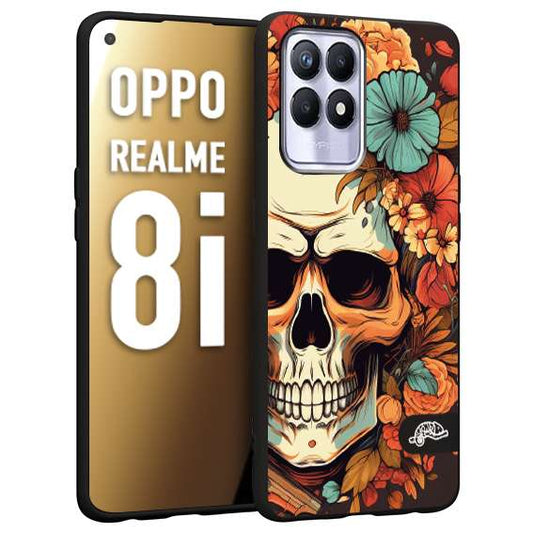 CUSTOMIZZA - Custodia cover nera morbida in tpu compatibile per Oppo Realme 8i teschio skull flowers fiori autunnali arancio celeste tattoo